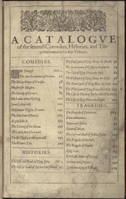 First Folio - list of plays